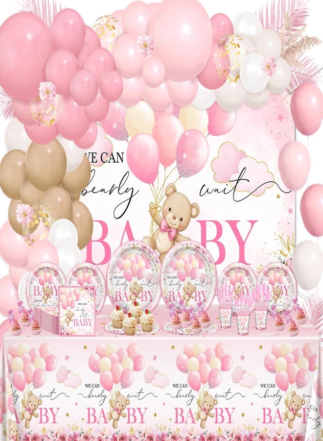 Lecheme 270 Pcs Pink We Can Bearly Wait Baby Shower Decorations: Bear Baby Shower Banner Disposable Bear Plates Napkins Cups Tablecloth Balloons for Girl, Serve 24 - Image 1